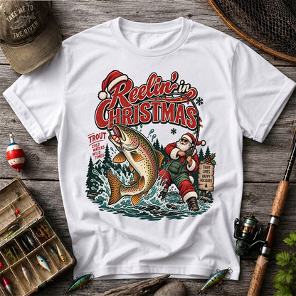 Reelin' in Christmas Santa and Rainbow Trout Fishing T-Shirt