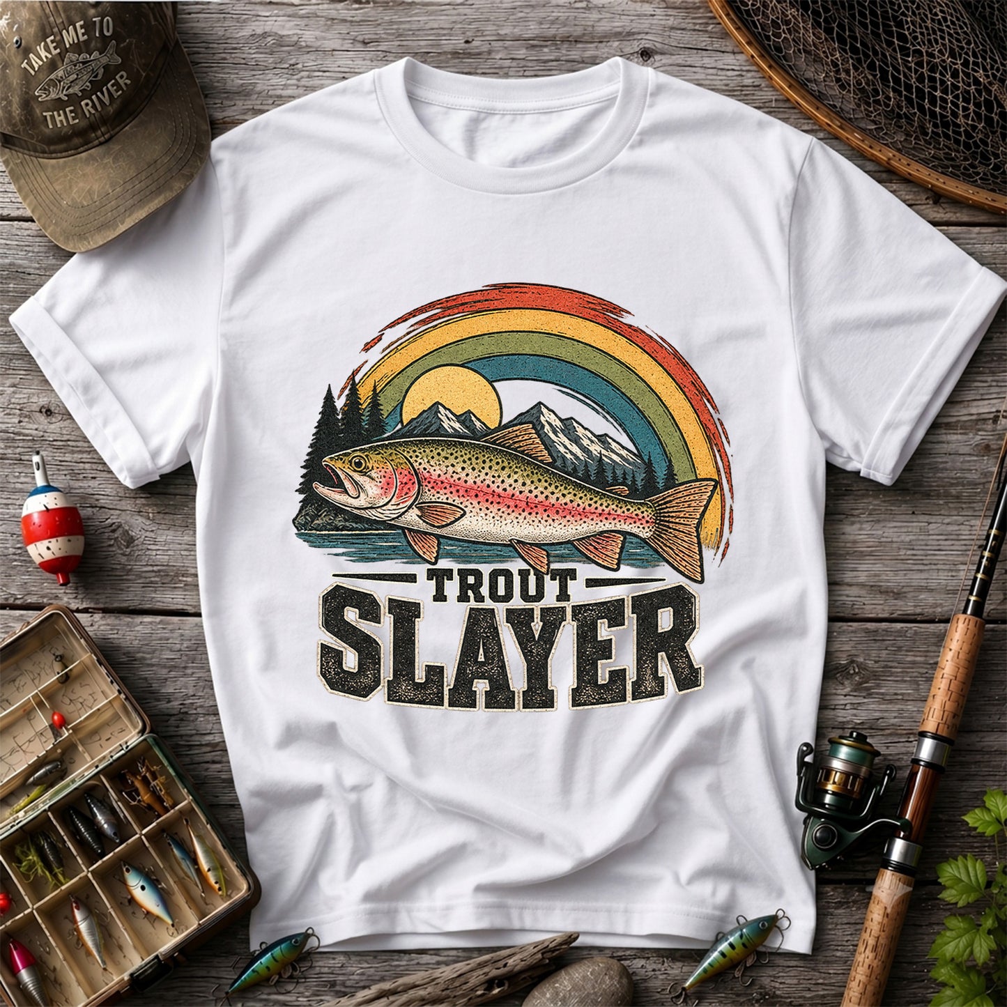 Trout Slayer Rainbow Trout Mountain Fishing Graphic T-Shirt