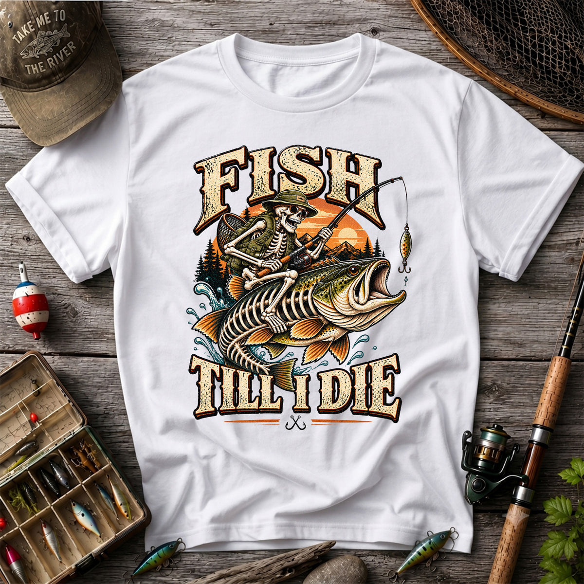 Fish Till I Die Skeleton Riding a Largemouth Bass Fishing T-Shirt