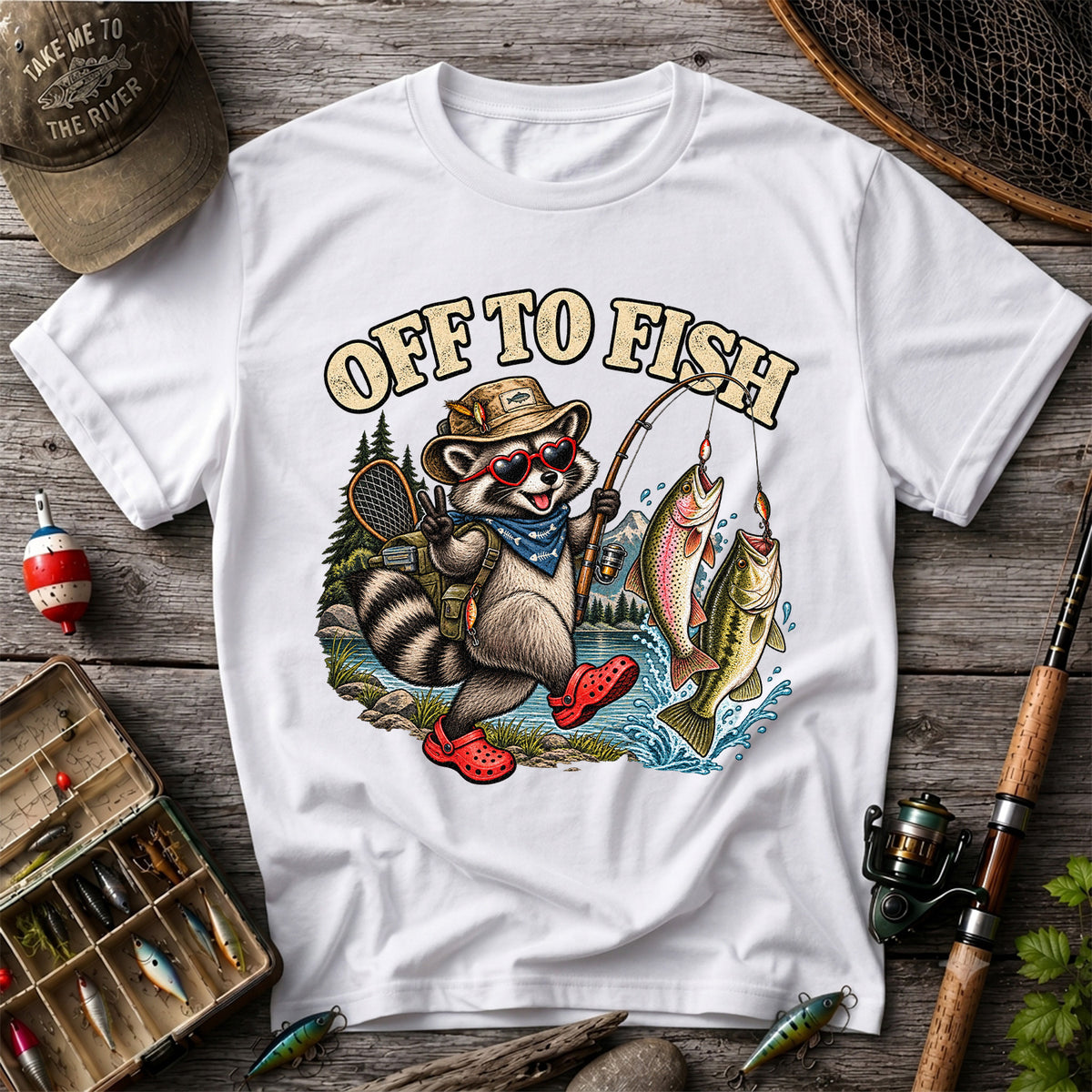 Off to Fish Raccoon with Trout and Bass Fishing T-Shirt