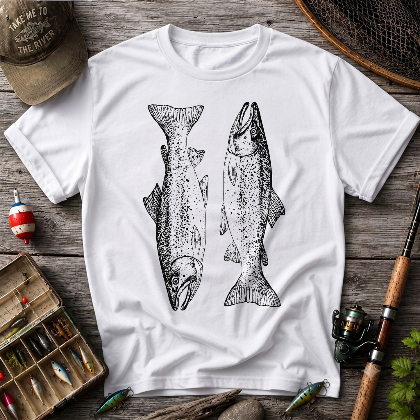 Two Salmon Vintage Line Art Fishing Graphic T-Shirt
