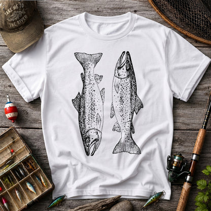 Two Salmon Vintage Line Art Fishing Graphic T-Shirt
