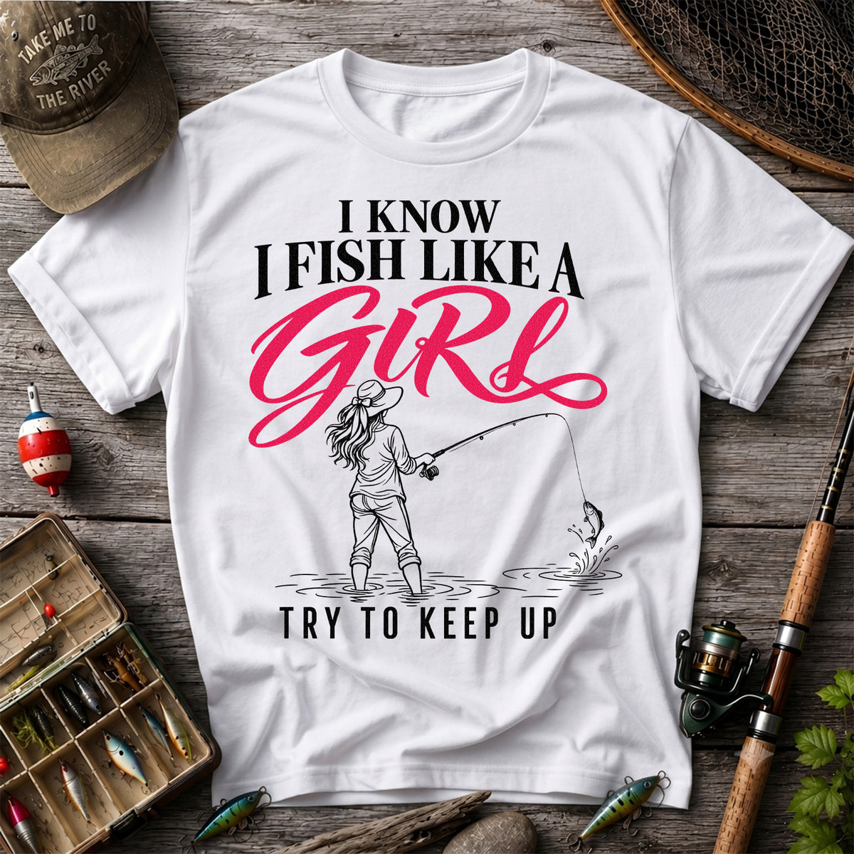 Funny Woman Fishing Graphic T-Shirt with Line Art Design