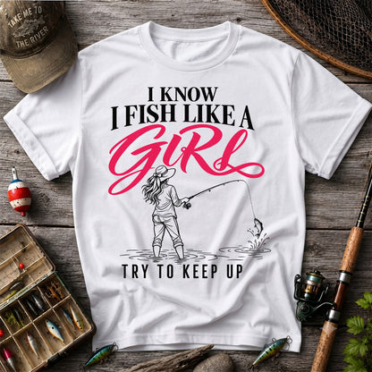 Funny Woman Fishing Graphic T-Shirt with Line Art Design
