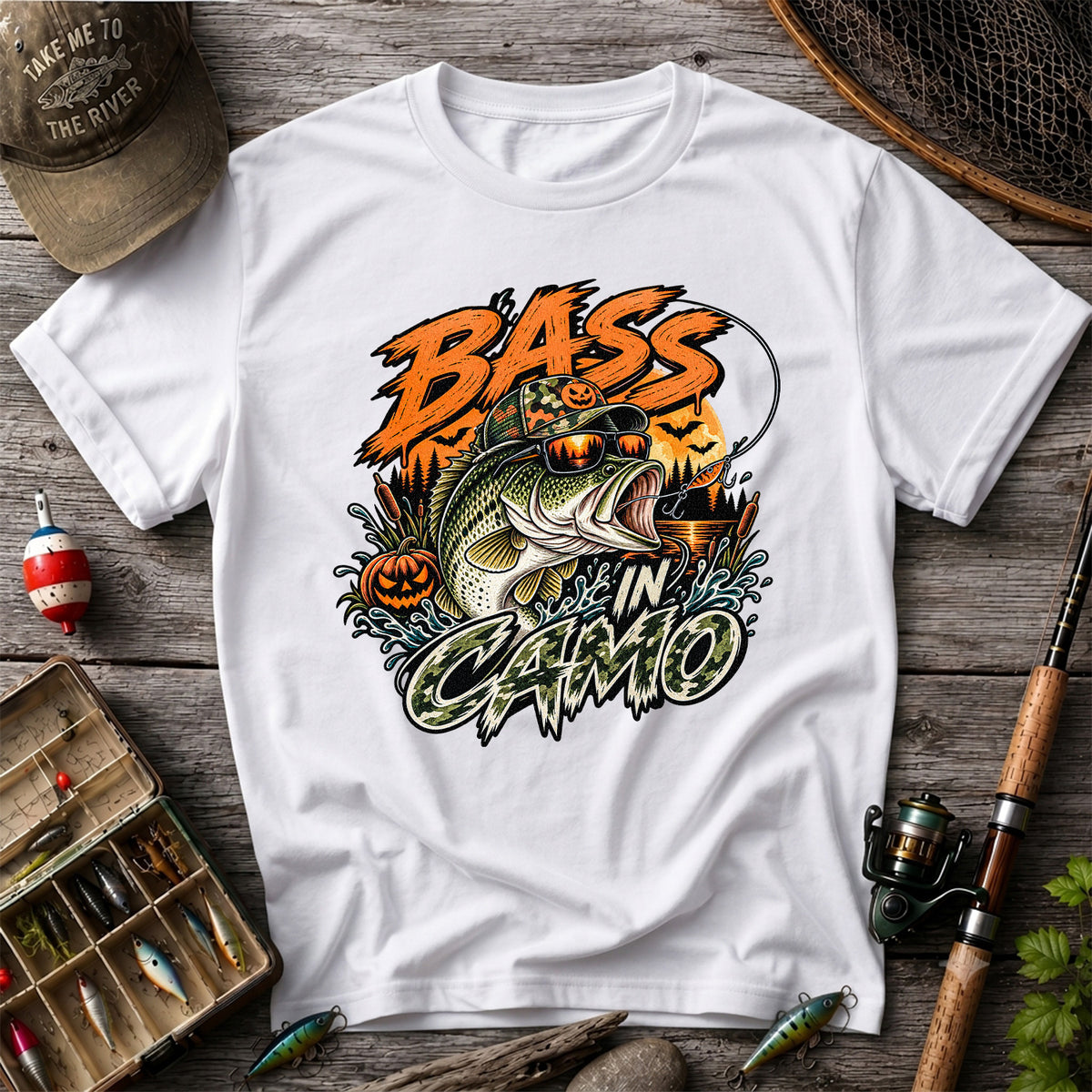 Bass in Camo Halloween Pumpkin Bass Fishing Graphic T-Shirt