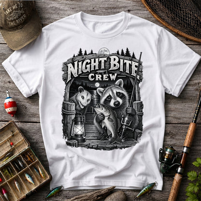 Night Bite Crew Raccoon and Bass Fishing Graphic T-Shirt