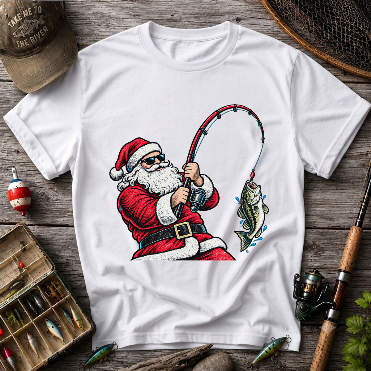 Santa Claus Catching a Bass Christmas Fishing Graphic T-Shirt