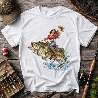 Vintage Cowgirl Riding a Largemouth Bass Fishing Graphic T-Shirt