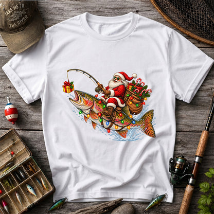 Santa Riding a Rainbow Trout Christmas Fishing Graphic T-Shirt