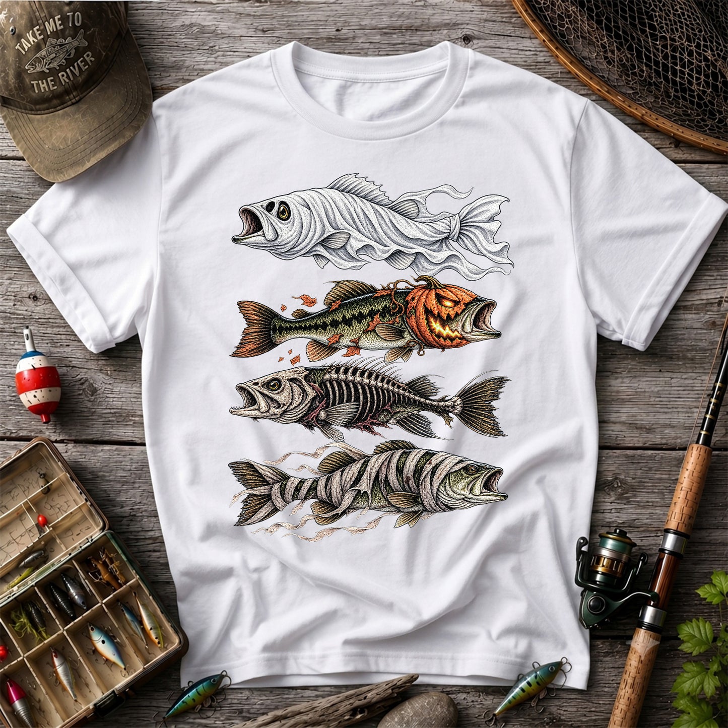 Halloween Bass Ghost Pumpkin Skeleton and Mummy Fish Graphic T-Shirt