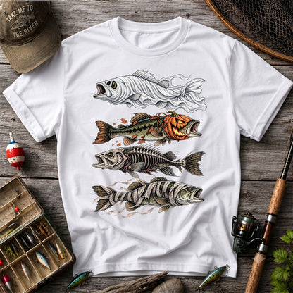 Halloween Bass Ghost Pumpkin Skeleton and Mummy Fish Graphic T-Shirt