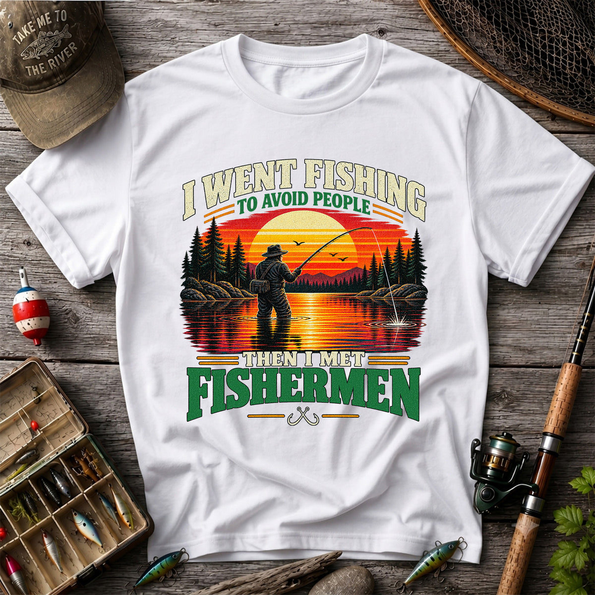Sunset Fisherman Fishing Humor Graphic T-Shirt