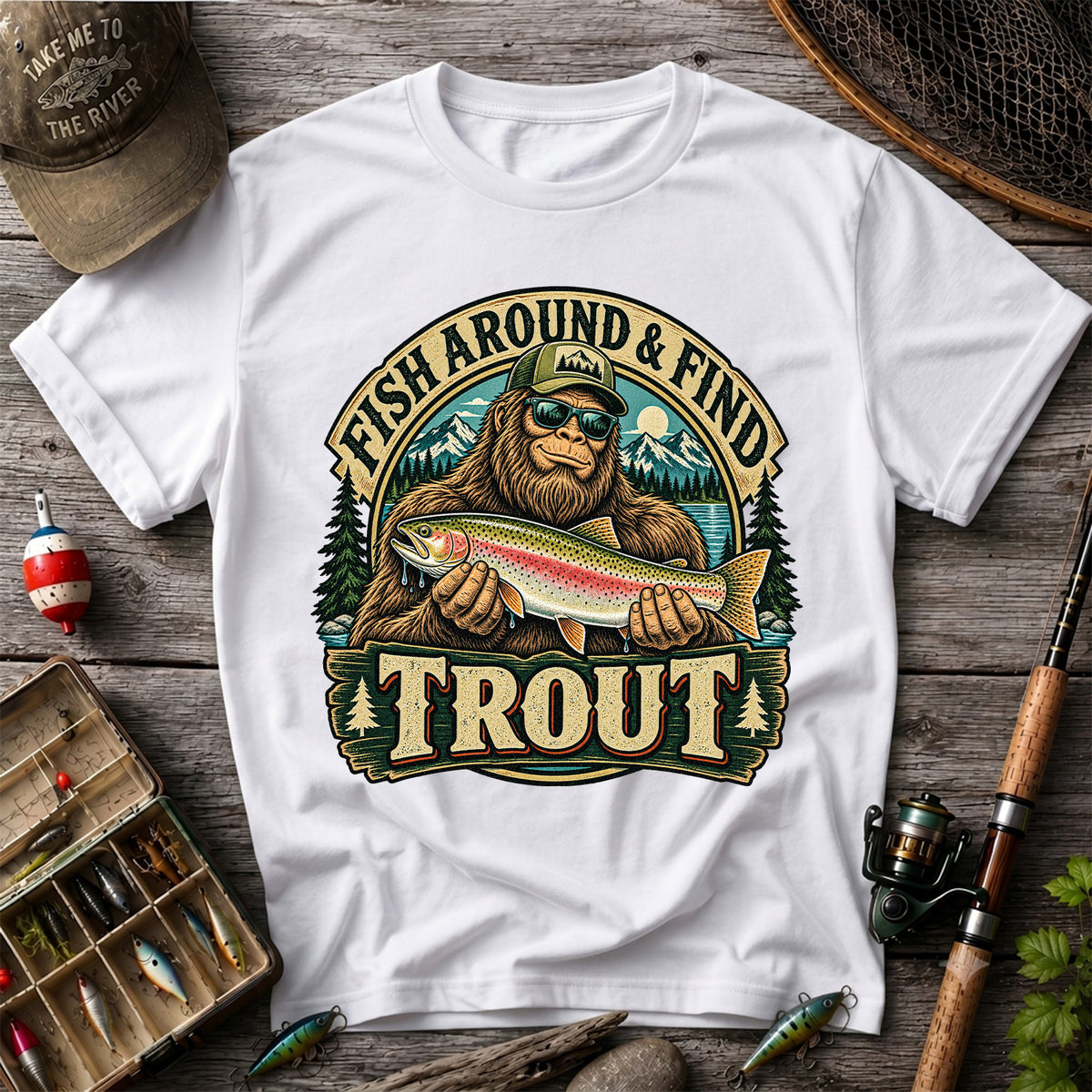 Fish Around & Find Trout Bigfoot Rainbow Trout Fishing T-Shirt