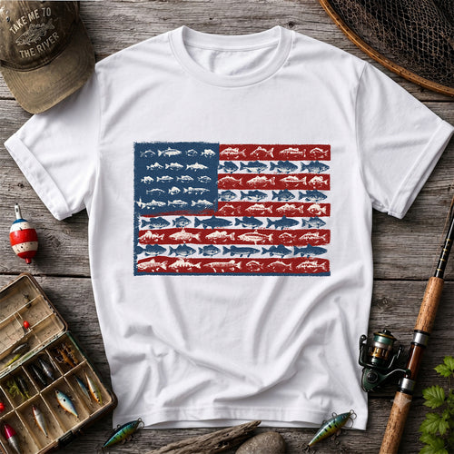 American Flag Made of Fish Patriotic Fishing Graphic T-Shirt
