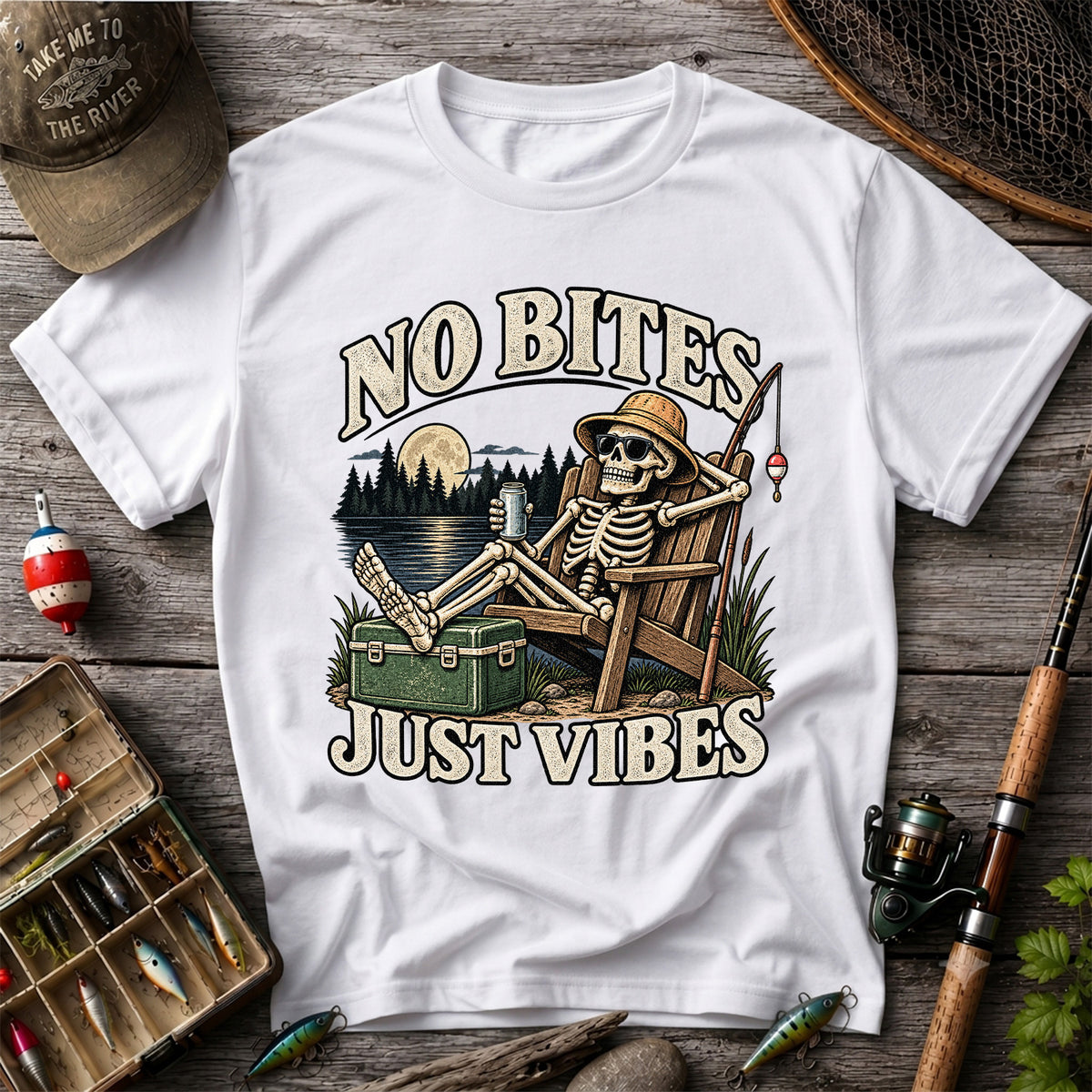 No Bites Just Vibes Skeleton Lake Fishing Graphic T-Shirt