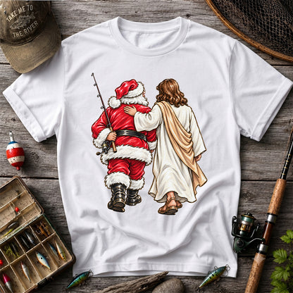 Santa and Robed Companion Fishing Graphic T-Shirt