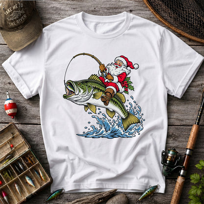 Santa Claus Riding a Bass Christmas Fishing Graphic T-Shirt