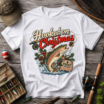 Hooked on Christmas Rainbow Trout in Santa Hat Fishing T-Shirt