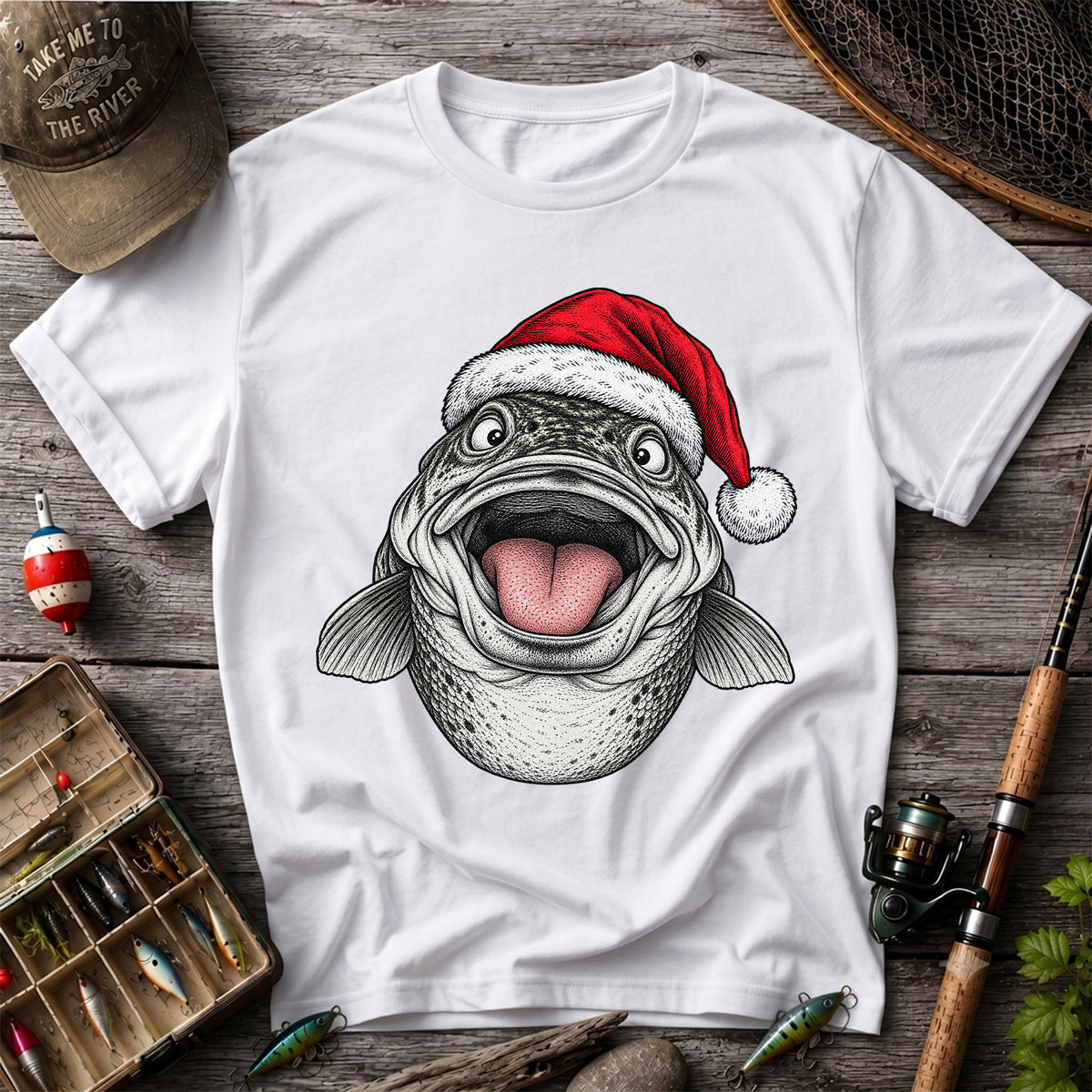 Funny Santa Hat Trout Christmas Fishing Graphic T-Shirt
