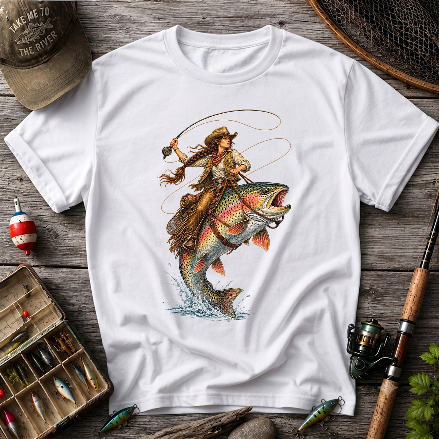 Western Cowgirl Riding a Rainbow Trout Fly Fishing Graphic T-Shirt