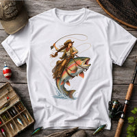 Western Cowgirl Riding a Rainbow Trout Fly Fishing Graphic T-Shirt