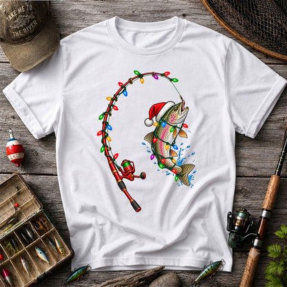 Christmas Rainbow Trout with Santa Hat and Lights Fishing T-Shirt