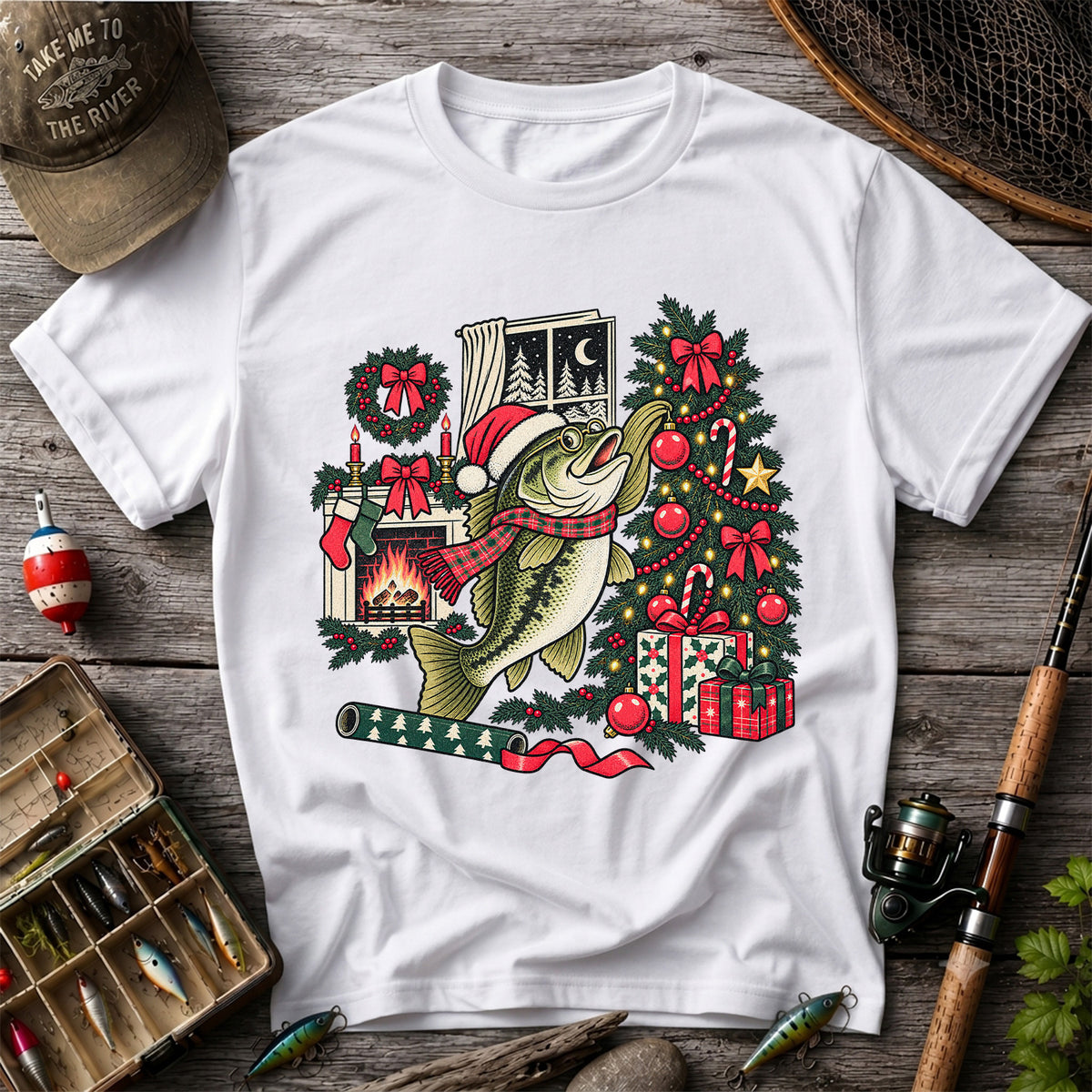 Christmas Bass Fishing Fireplace Tree Graphic T-Shirt