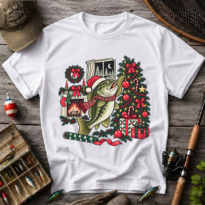 Christmas Bass Fishing Fireplace Tree Graphic T-Shirt