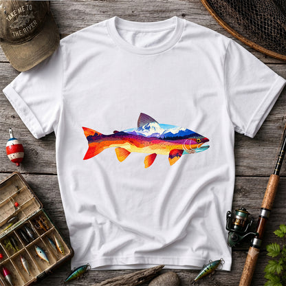 Mountain Sunset Trout Silhouette Fishing Graphic T-Shirt