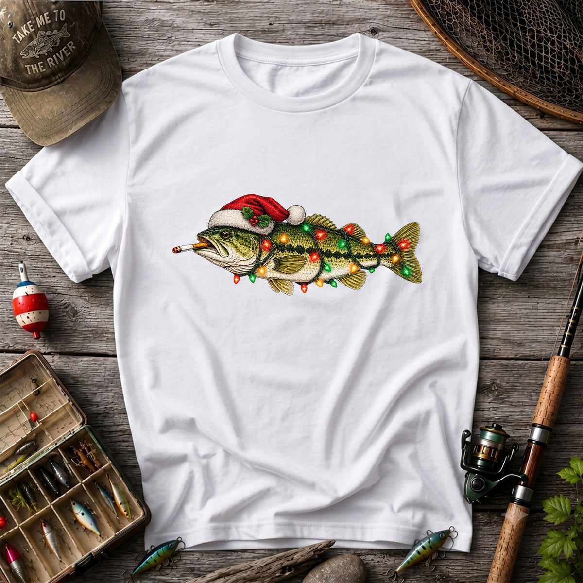 Christmas Bass Fishing Lights and Santa Hat Graphic T-Shirt