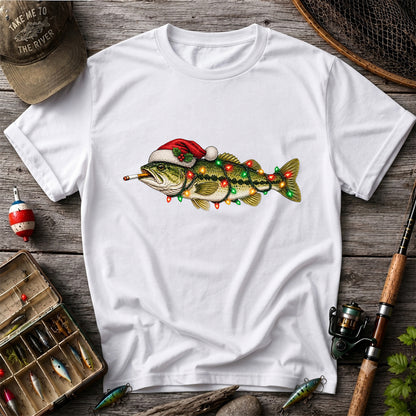 Christmas Bass Fishing Lights and Santa Hat Graphic T-Shirt