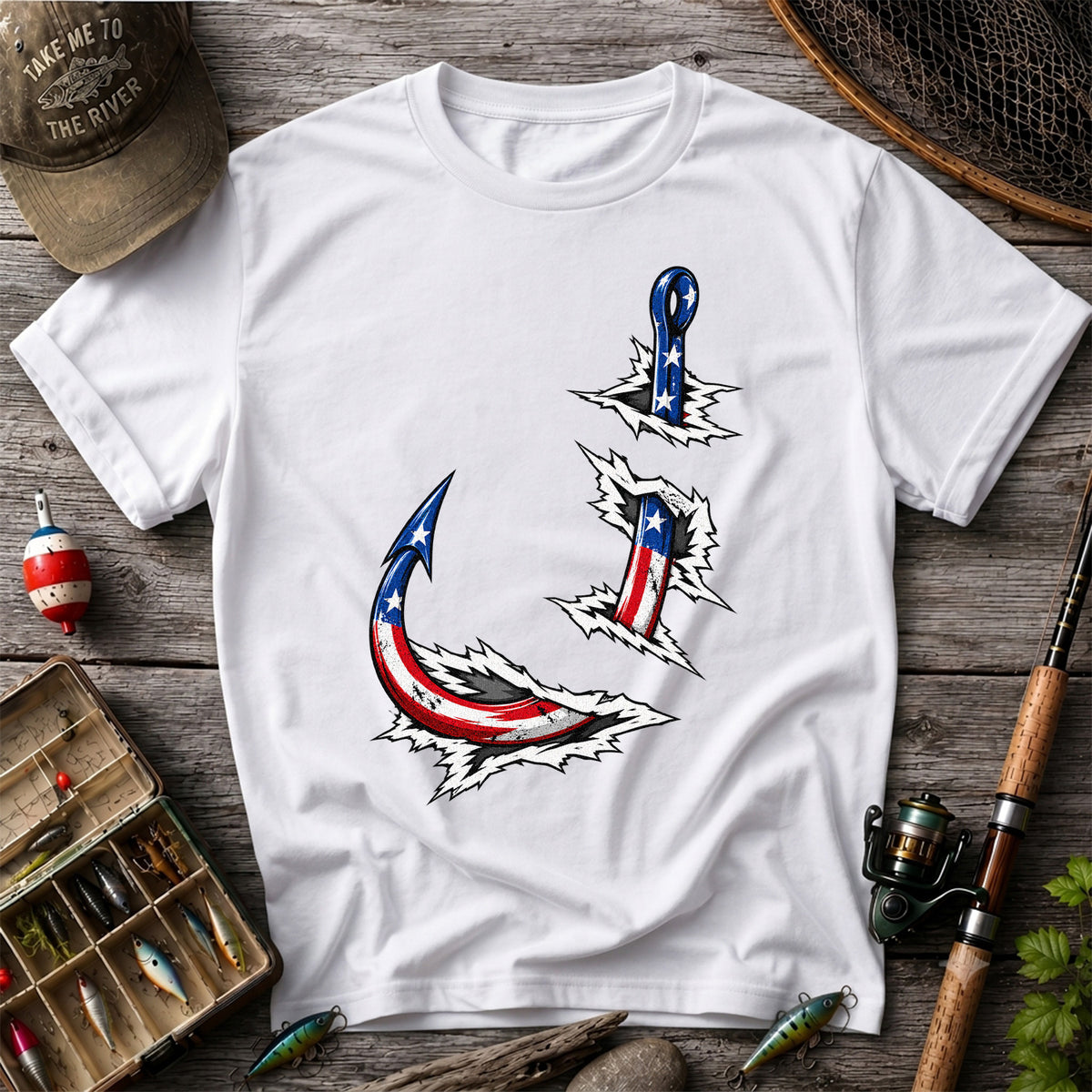 Patriotic American Flag Fishing Hooks Graphic T-Shirt