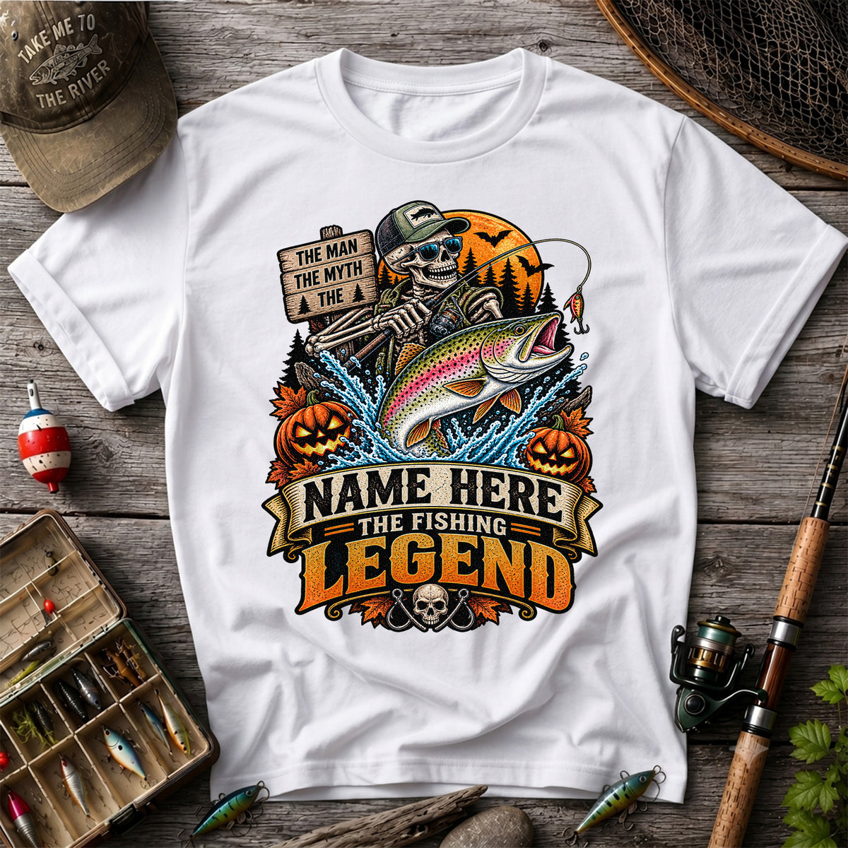 The Man The Myth The Fishing Legend Name Here Halloween Skeleton Rainbow Trout T-Shirt