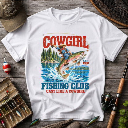 Cowgirl Riding Rainbow Trout Fishing Club T-Shirt