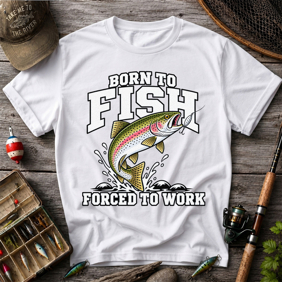 Born to Fish Forced to Work Rainbow Trout Fishing T-Shirt