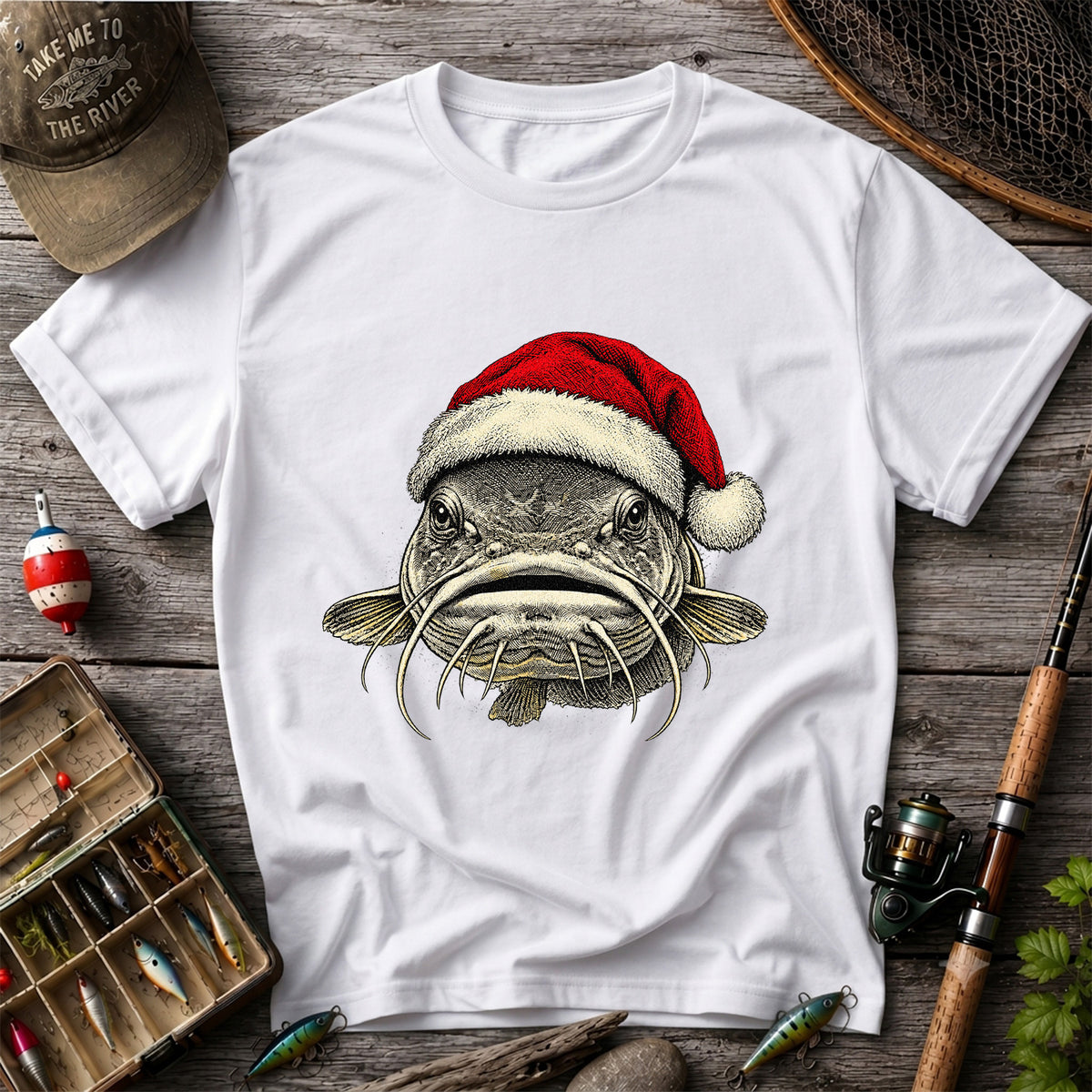 Christmas Catfish Santa Hat Holiday Fishing Graphic T-Shirt