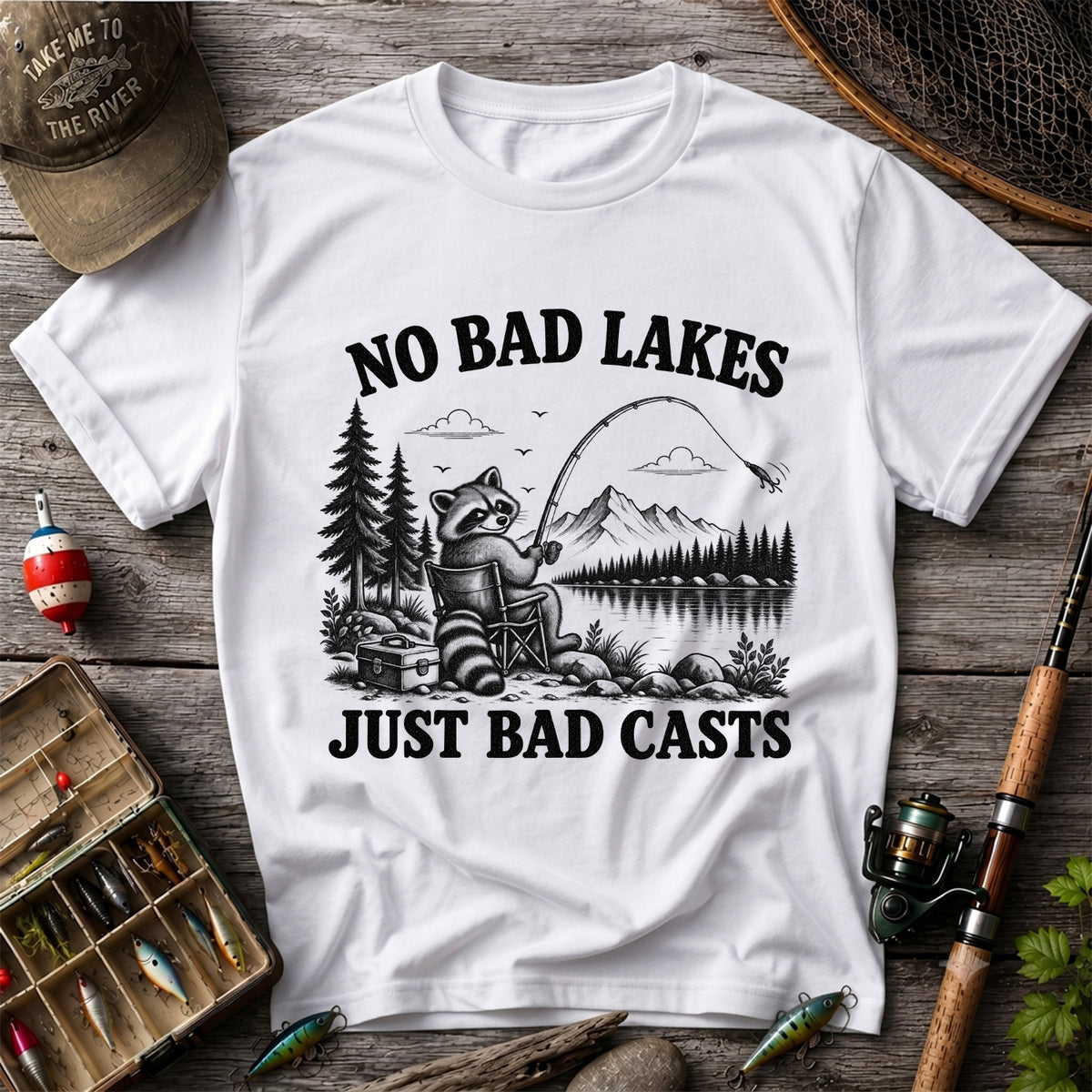 No Bad Lakes Just Bad Casts Raccoon Fishing T-Shirt