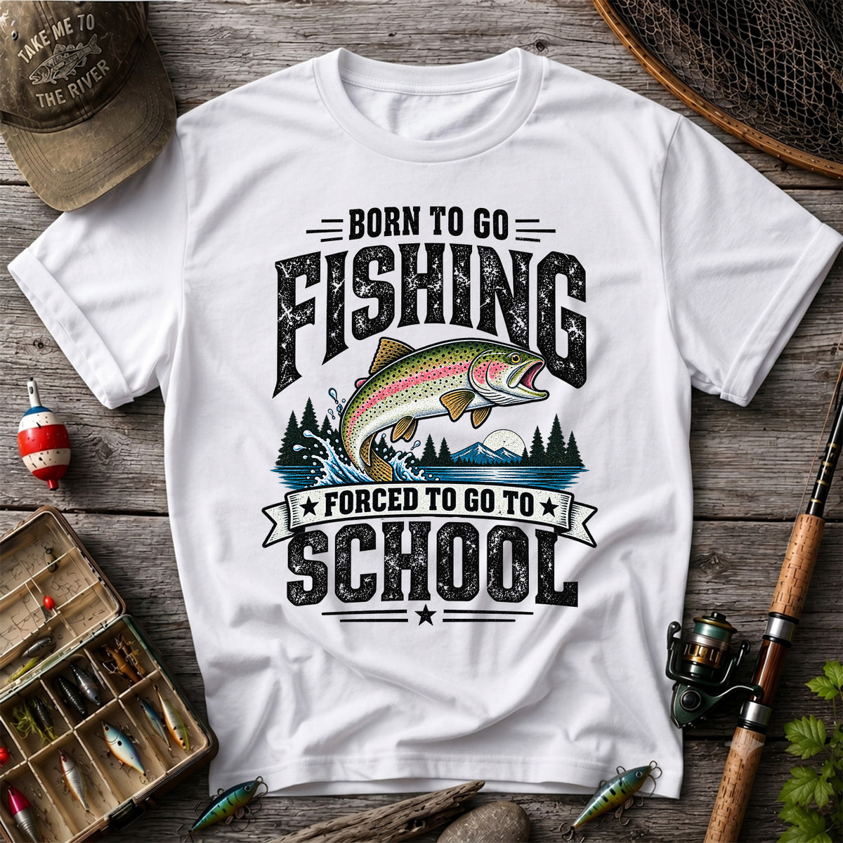Born to Go Fishing Forced to Go to School Rainbow Tee, Trout T-Shirt | Back  Print