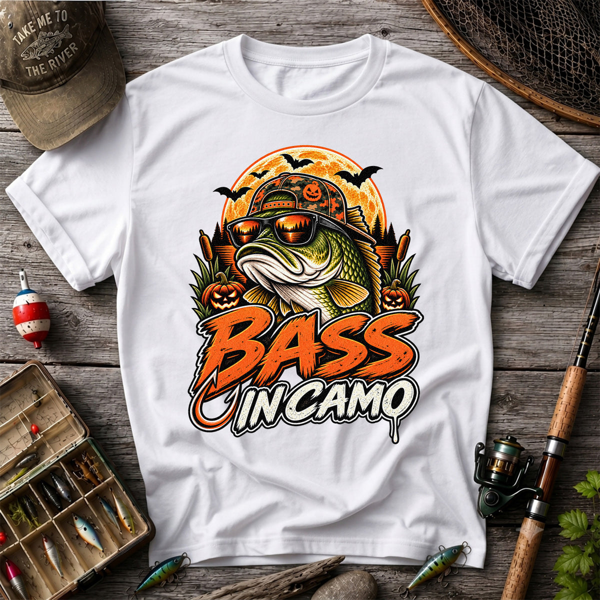 Bass in Camo Halloween Bass Fishing Graphic T-Shirt