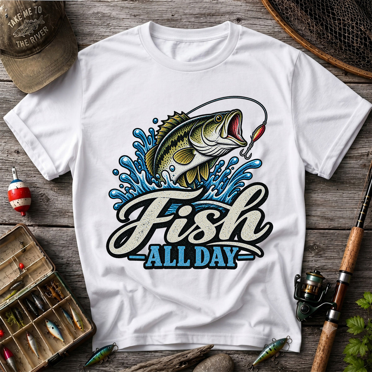 Fish All Day Jumping Bass Fishing Graphic T-Shirt