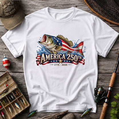 America 250th 1776–2026 American Flag Bass Fishing T-Shirt