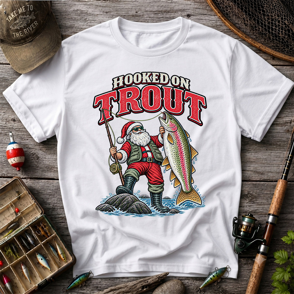 Hooked on Trout Santa Claus Rainbow Trout Christmas Fishing T-Shirt
