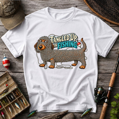 Tangled Up in Fishing Funny Dachshund Dog Graphic T-Shirt