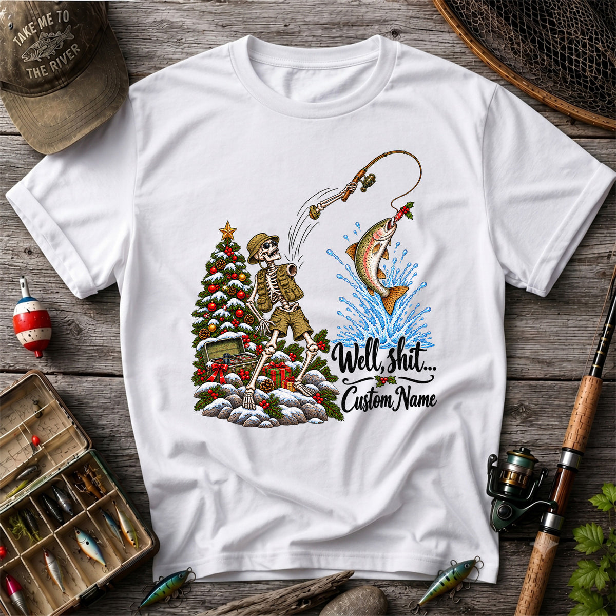 Skeleton Angler Christmas Fishing Personalized Graphic T-Shirt