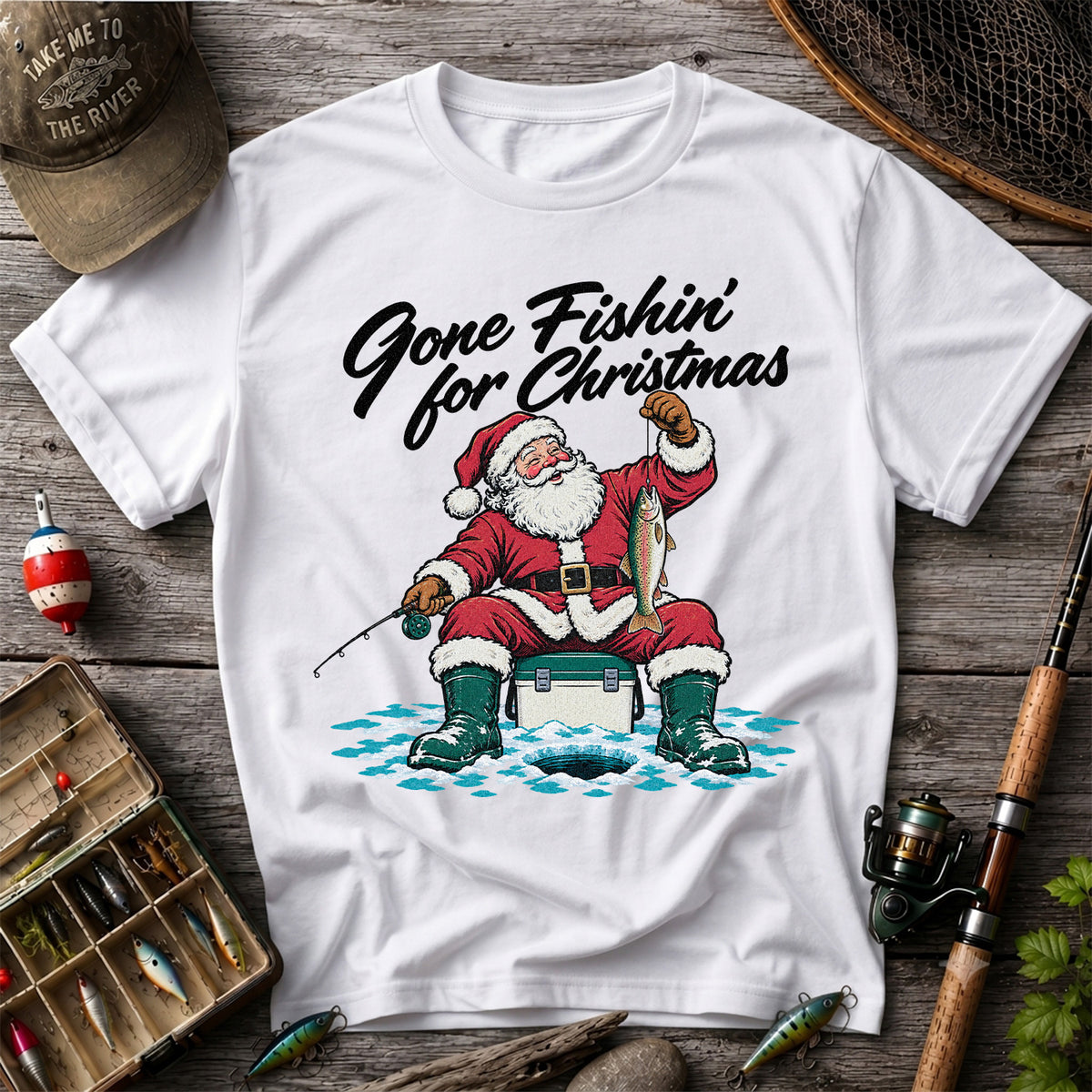 Santa Claus Ice Fishing Christmas Graphic T-Shirt