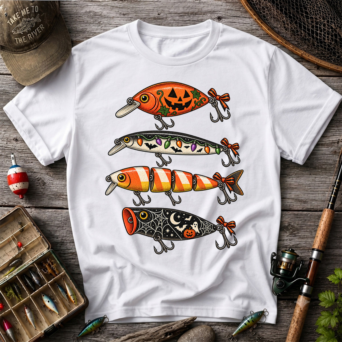 Halloween Fishing Lures with Pumpkin, Ghost and Candy Corn Graphic T-Shirt