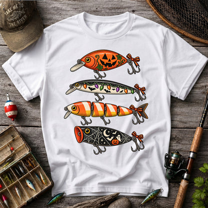Halloween Fishing Lures with Pumpkin, Ghost and Candy Corn Graphic T-Shirt