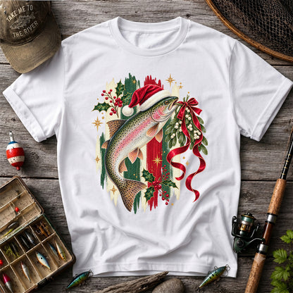 Christmas Santa Hat Rainbow Trout Fishing Graphic T-Shirt