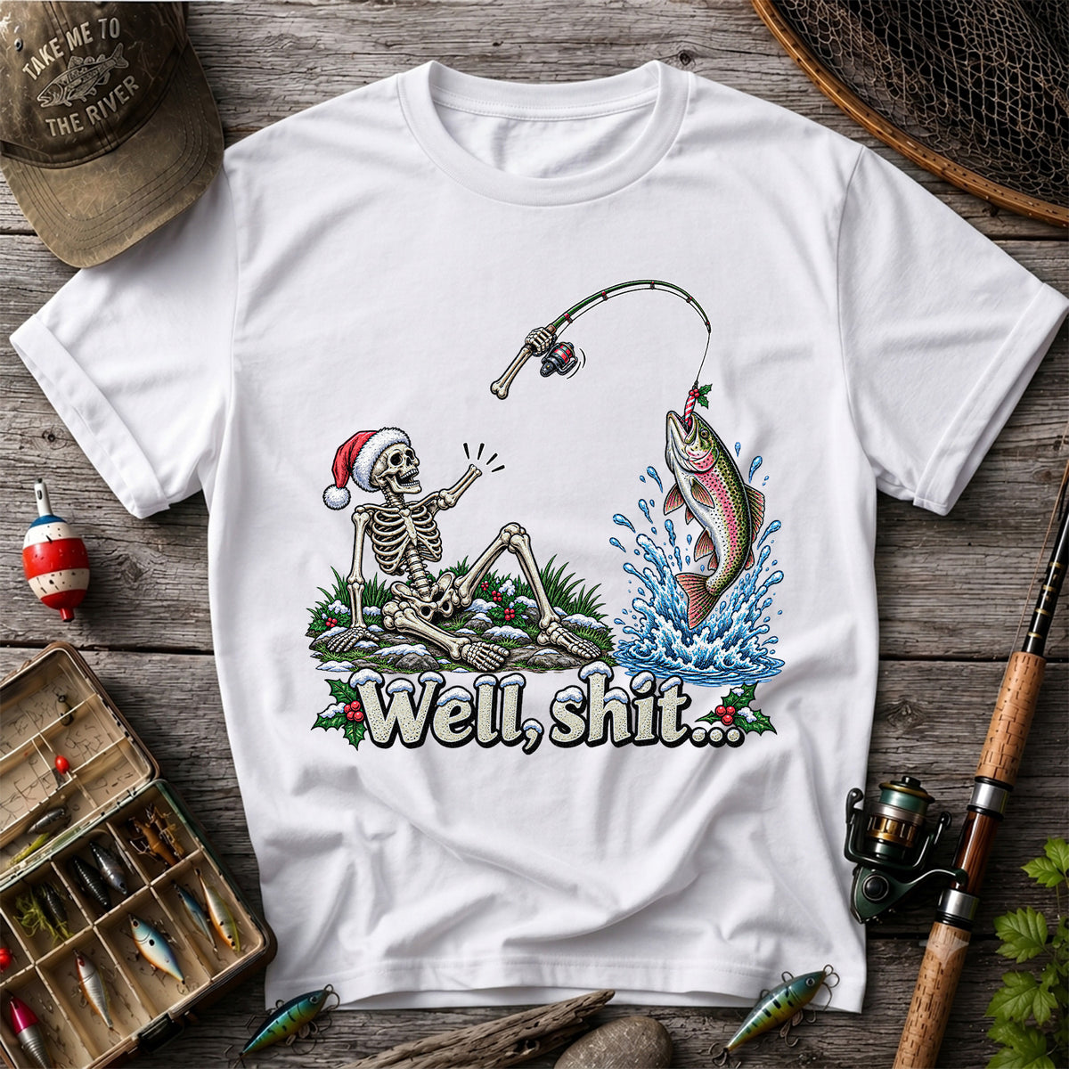 Well, Shit... Skeleton and Leaping Rainbow Trout Christmas Fishing T-Shirt