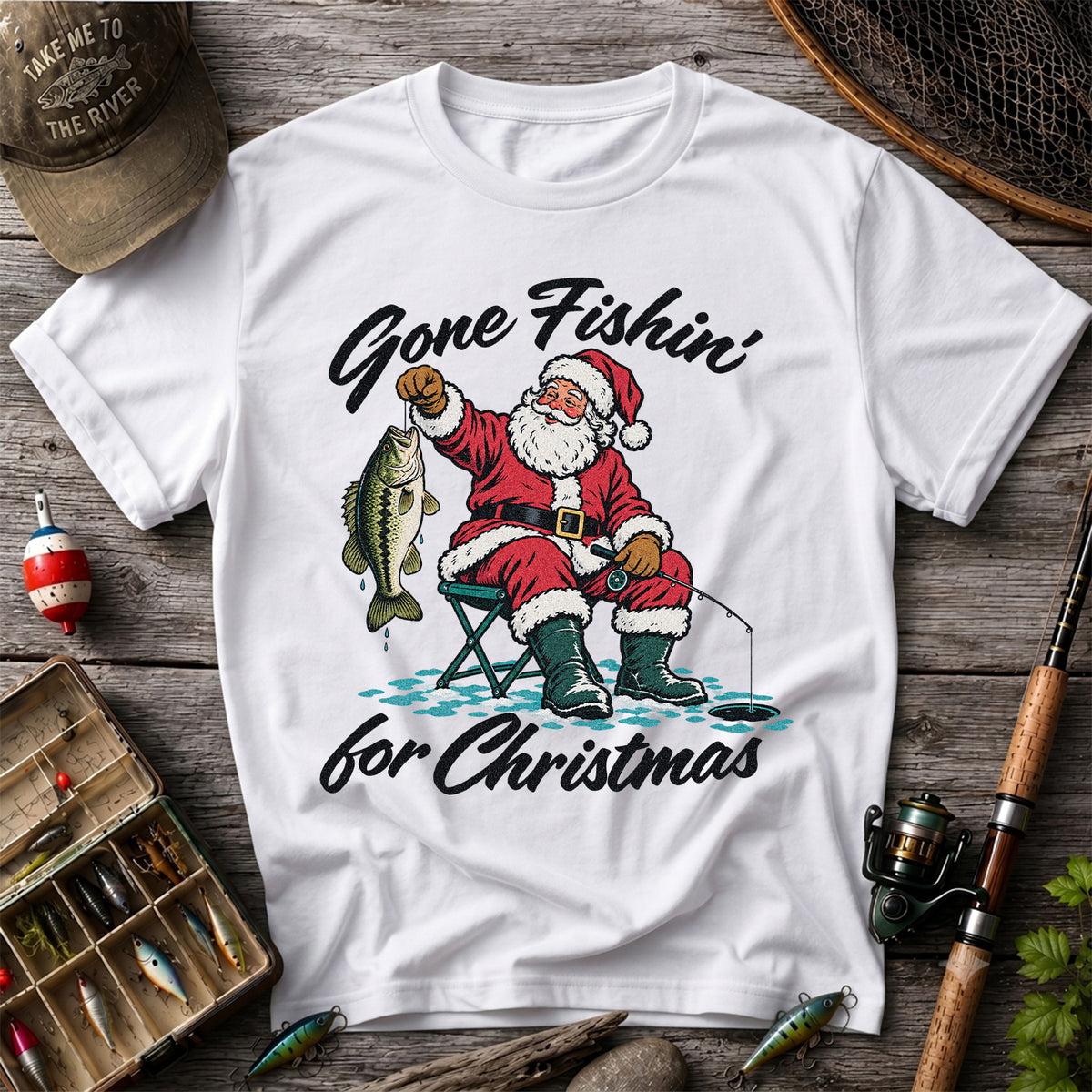 Santa Fishing with Bass Christmas Graphic T-Shirt